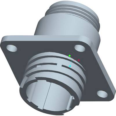 A grey, cylindrical component with threading and apertures mounted on a rectangular base plate; potentially part of a connector assembly.