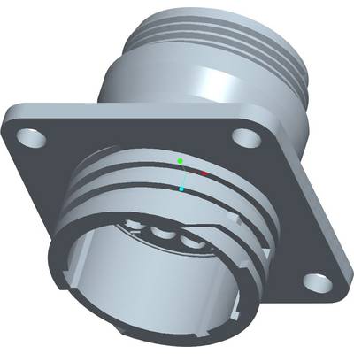 3D rendering of a cylindrical connector with threading and metal mounting plate, featuring green and red axis markings.