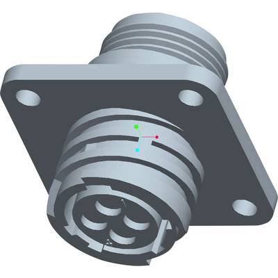 Socket with cylindrical thread, mounted on rectangular plate with four screw holes. Metallic material, technical representation.