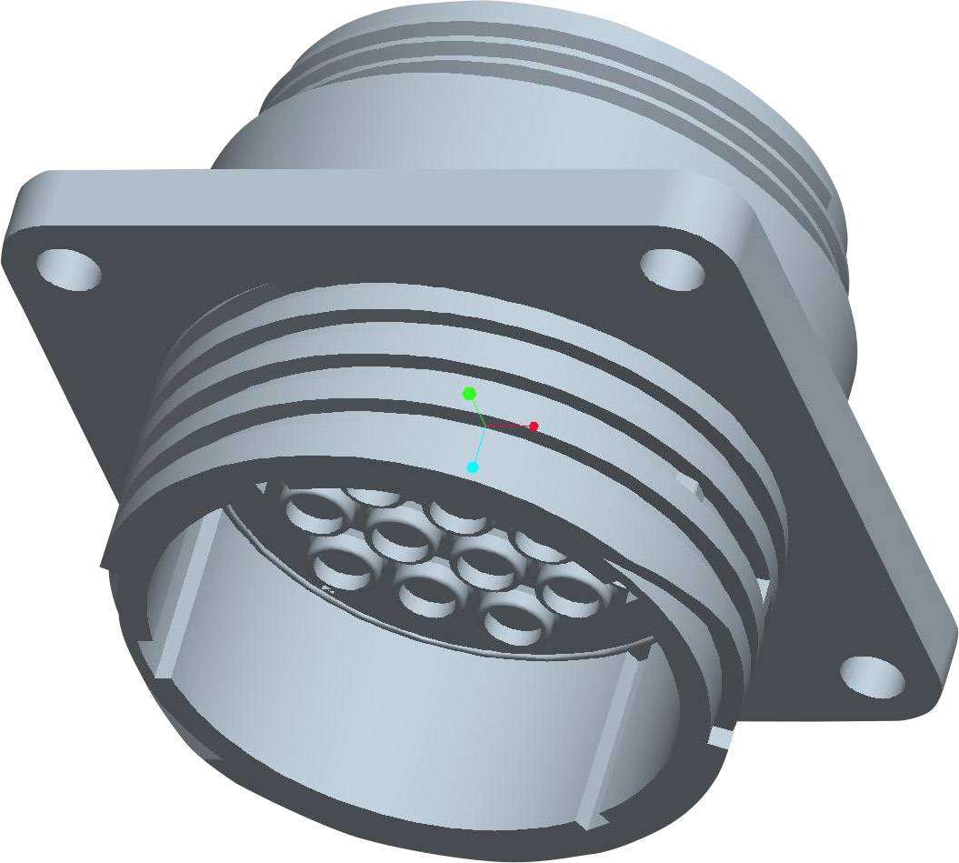 A 3D model of a round connector with multiple contact pins, mounted on a square plate.