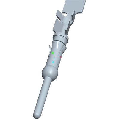 3D rendering of a complex component with a long, cylindrical end and multiple angular elements at the top.