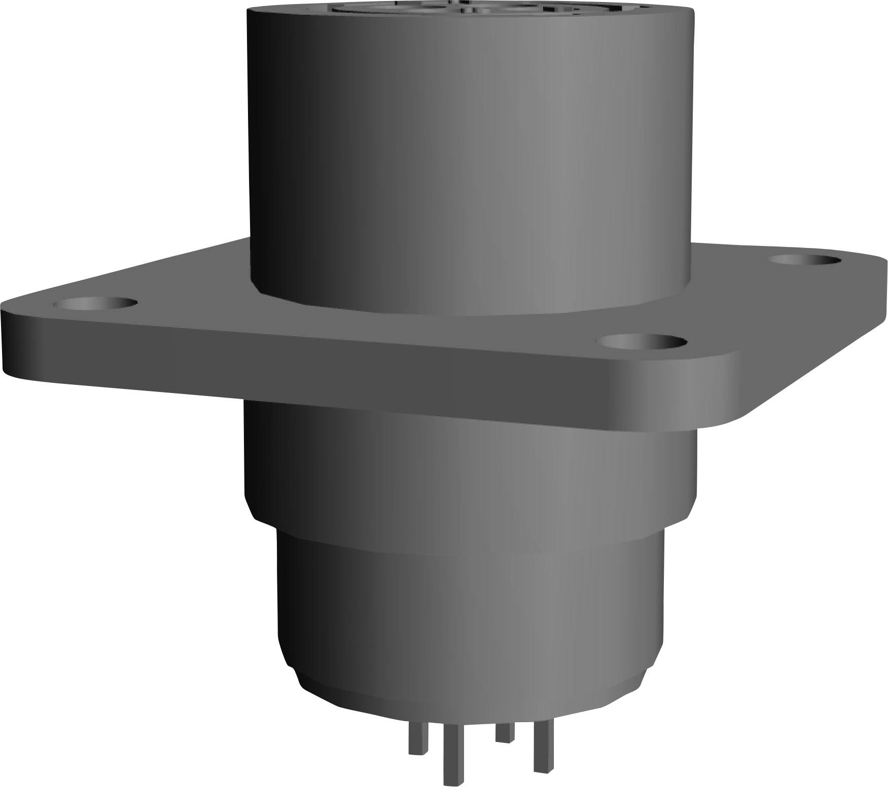 A grey, cylindrical connector with a rectangular flange and four mounting holes. Several pins are visible at the bottom.