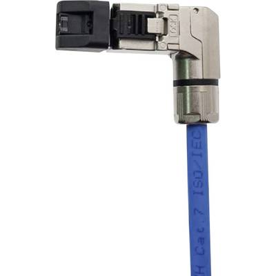 Right-angled RJ45 connector with blue Cat7 network cable connection, suitable for tight spaces.