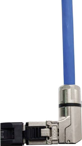 A blue network cable plug with a metal housing bent at a right angle.
