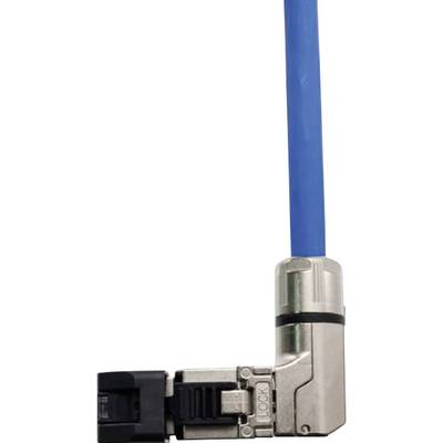 A blue network cable plug with a metal housing bent at a right angle.
