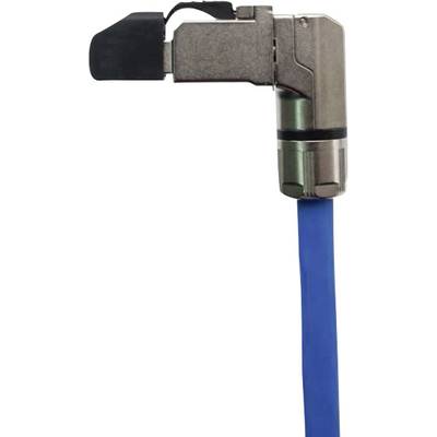 A plug of a blue Ethernet cable with a metallic protective sheath, shown from the side.