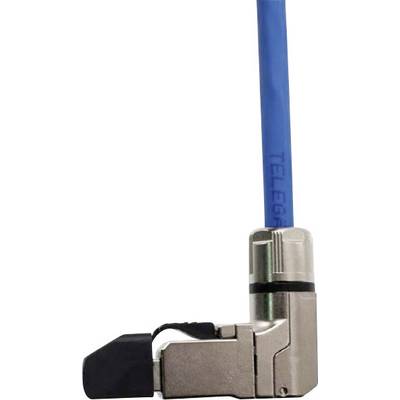 A blue Ethernet cable plug is connected to a metallic socket with a black locking mechanism.