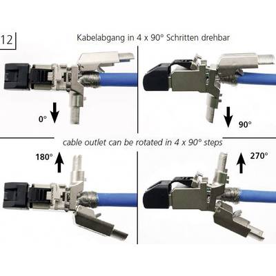 'Cable outlet rotatable in 4 x 90° steps.' Four views of a cable connection, rotated at 0°, 90°, 180° and 270°.