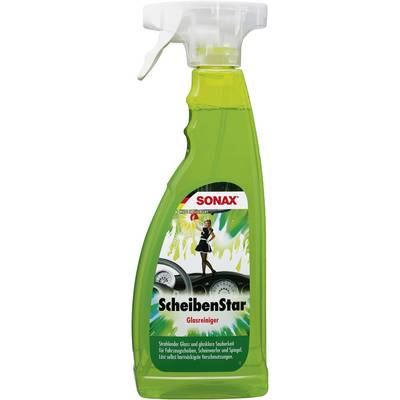 A green spray bottle of 'Sonax WindowStar Glass Cleaner' with an image of a person and promised shine for vehicle windows and mirrors.
