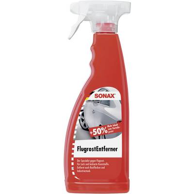 Red bottle of 'SONAX Flying Rust Remover' with spray nozzle, marketed as a specialist product for removing flying rust on painted surfaces and plastic.