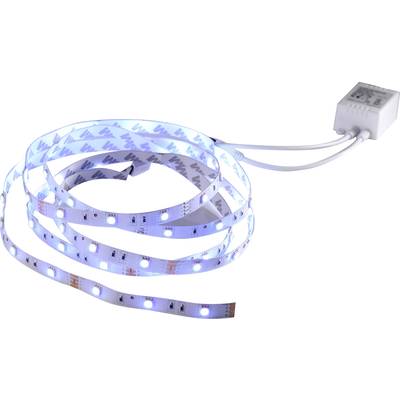 A luminous blue LED light strip with a control unit at its end.