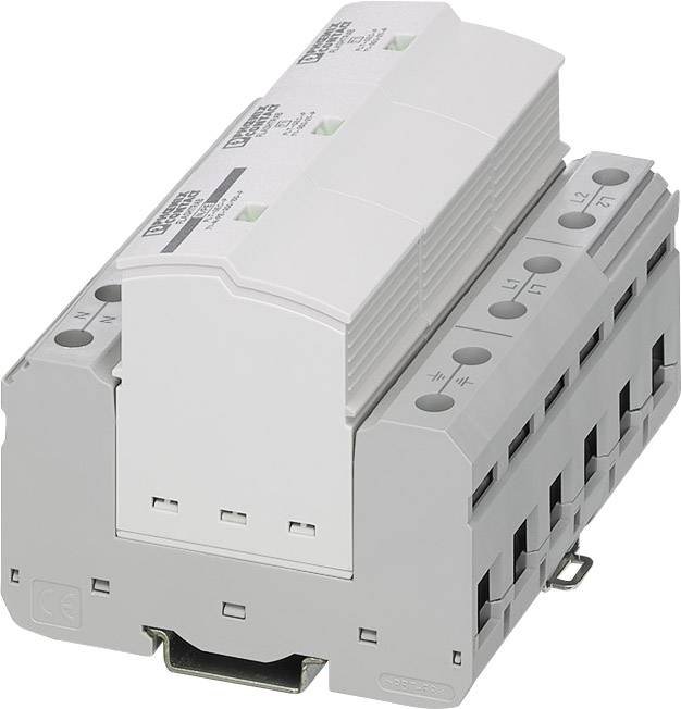 A white, rectangular, electrical relay module with multiple terminal blocks on the right side, mounted on a rail.