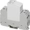 A grey DIN rail module for electrical installations, with two plug contacts at the top and CE marking on the bottom left.
