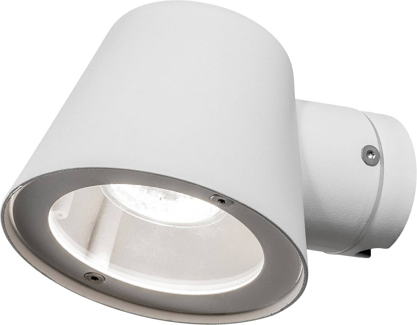 White wall lamp with pivoting cylindrical design, suitable for outdoor lighting.