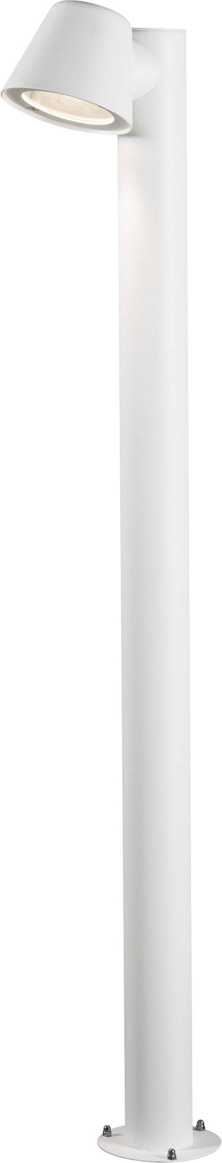 White, slender standing lamp with a tilted lampshade, suitable for modern interior design.