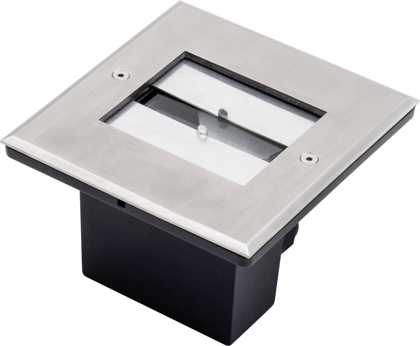 Stainless steel square recessed ground light with glass cover, suitable for outdoor areas. Discreetly illuminates paths and spaces.
