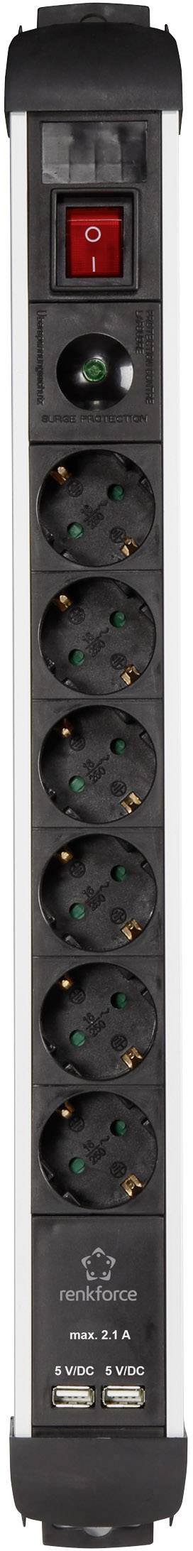 Eight-way Schuko socket extension with two USB ports and a red power switch, designed for power distribution and device charging.