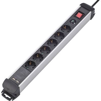 A six-socket extension lead with USB ports and a red power switch. Ideal for office applications.