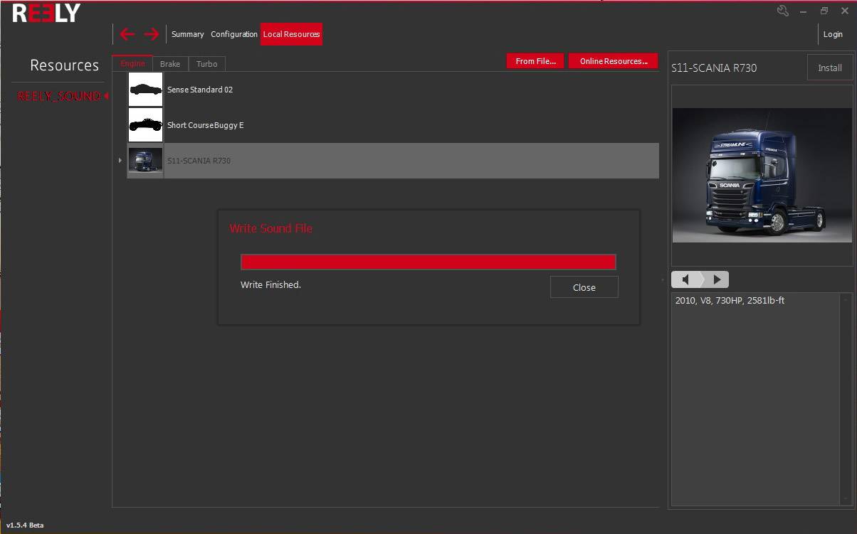 'REELY SOUND' user interface displays a Scania R730 lorry image. Options for sound file selection and management tools are available.