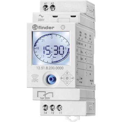 A digital time switch relay with a display shows the time as 19:30. It is powered by 230V and has NFC functionality.