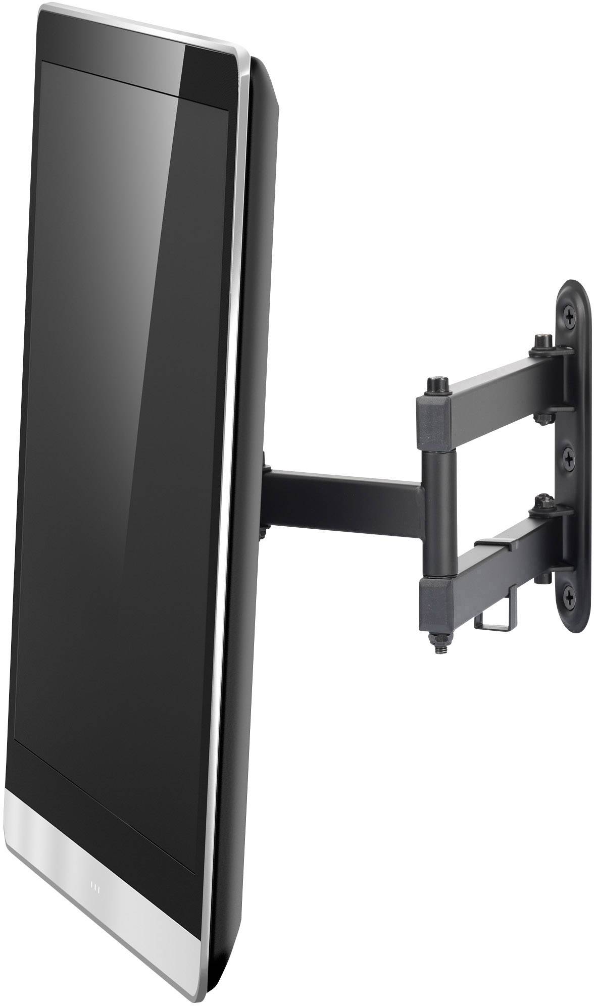 Flat-screen television mounted on a pivoting wall bracket, positioned vertically. Ideal for flexible positioning and space-saving installation.