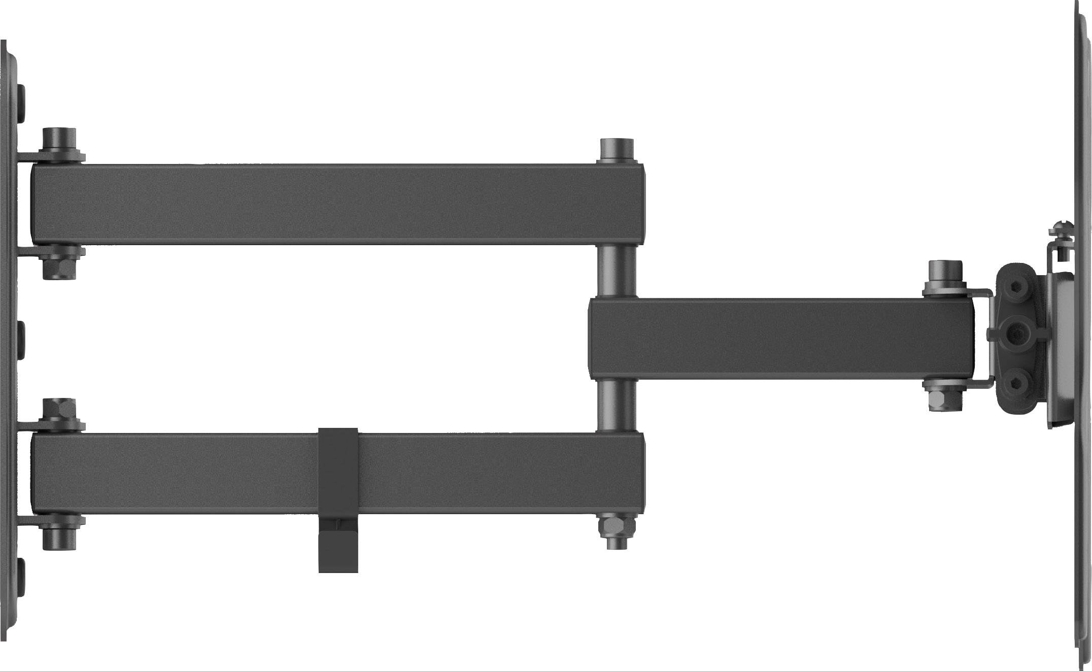 Pivoting TV wall mount in black metal with multiple joints for flexible positioning of the television.