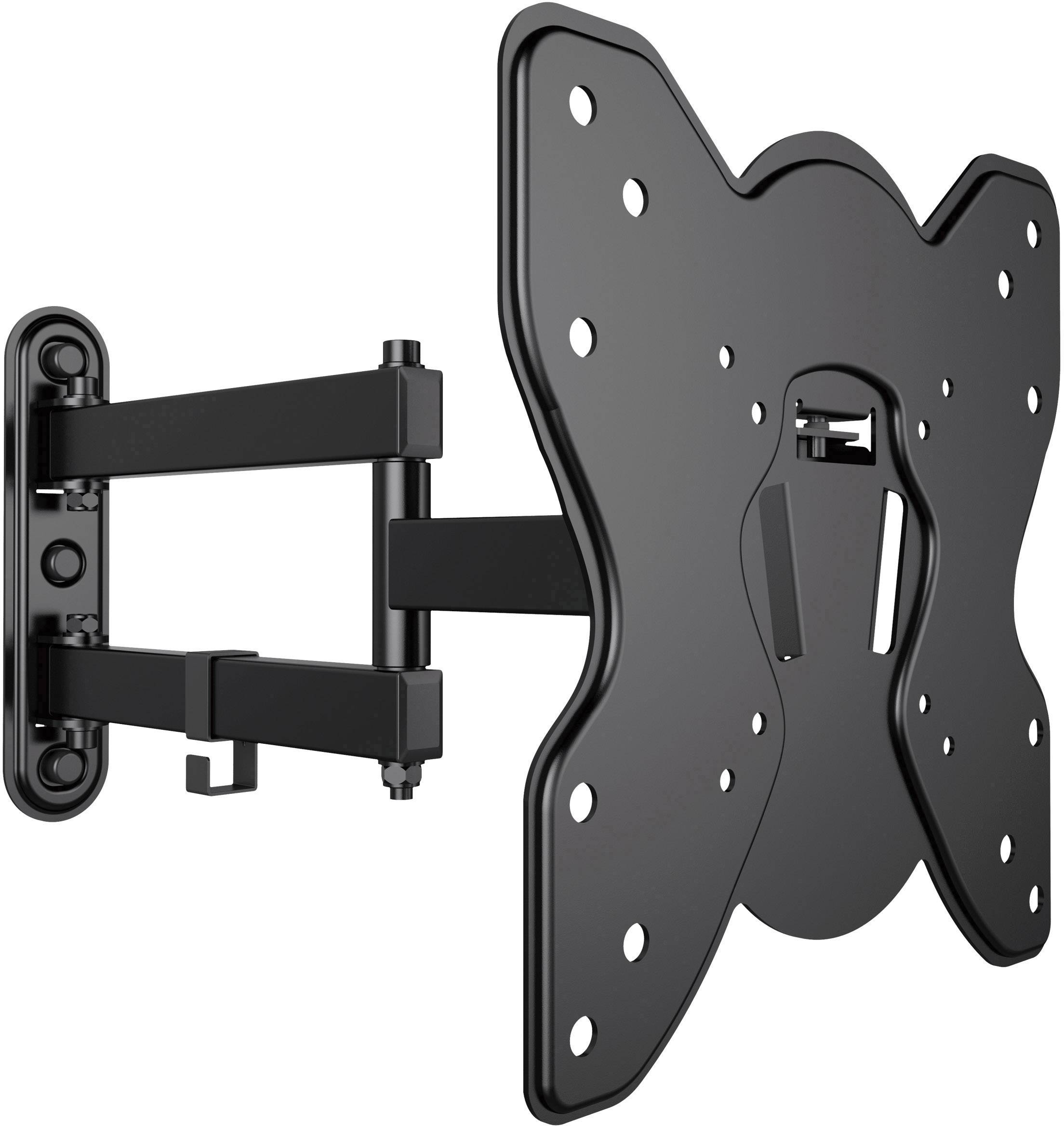 Black, swivelling metal TV wall mount with multiple fixing points, suitable for various screen sizes.
