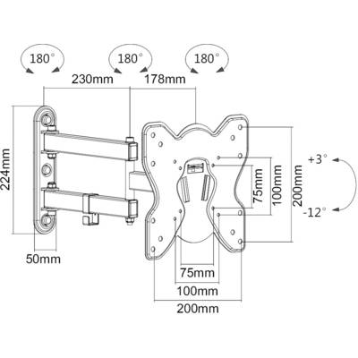 'Diagram of a TV bracket: dimensions and pivot angle specified, e.g. 230 mm width, 180° pivot, 224 mm wall plate height.'