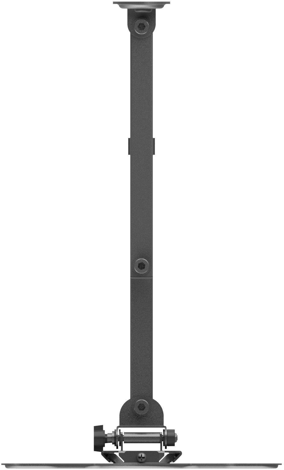 A black, vertical projector mounting arm, ceiling-mounted, with adjustable joints and screws for height adjustment.