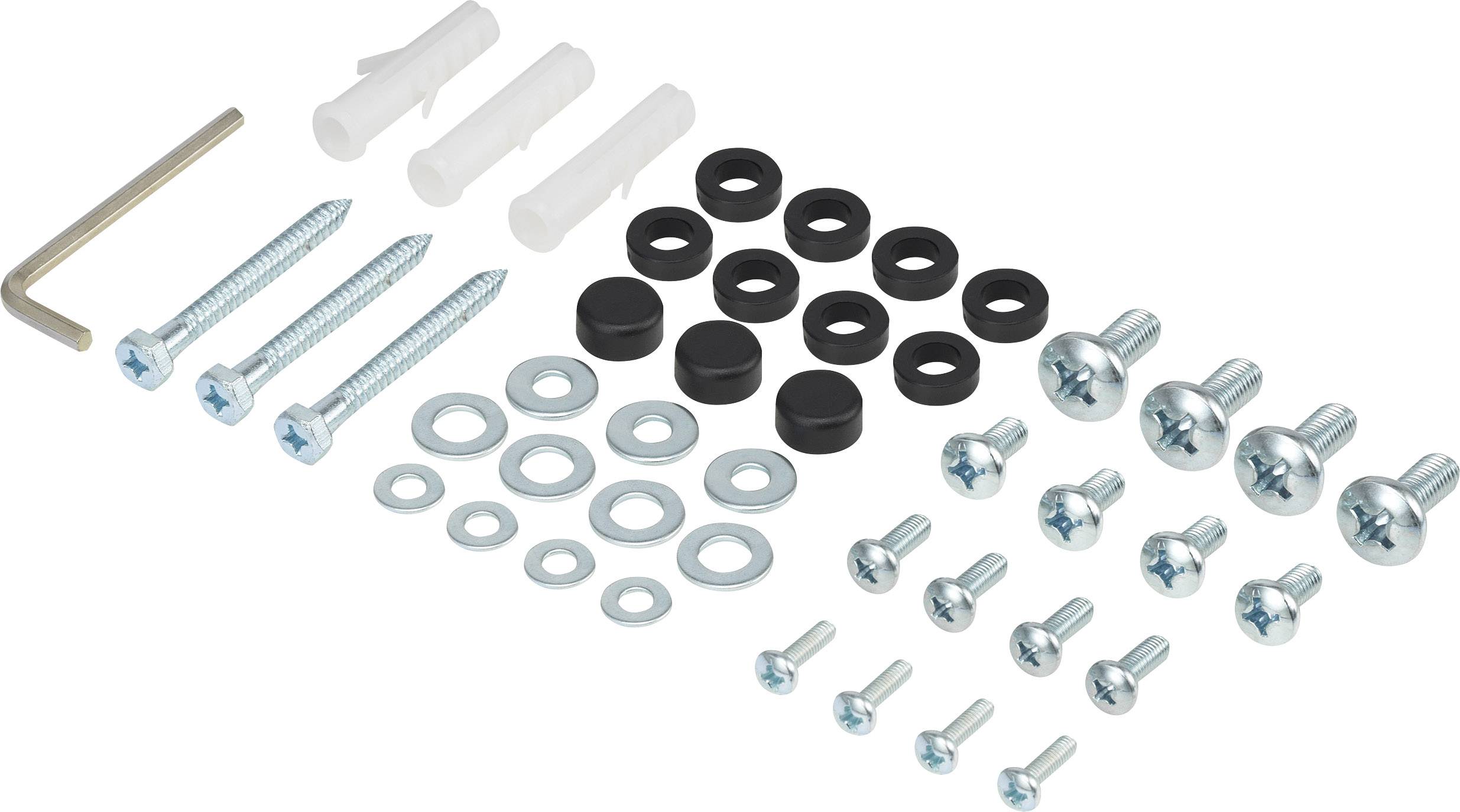 A set of various screws, washers, wall plugs and an Allen key, suitable for various assembly tasks.