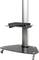 Wheeled stand with a glass shelf for electronic devices, including a DVD player, mounted on a metal frame.