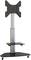 Mobile TV stand with VESA-compatible mount, height adjustability, glass shelf, and castors for easy movement.