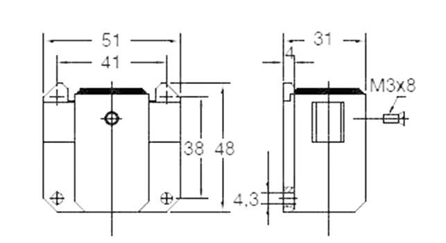 Technical drawing of a mechanical component with dimensions. Front and side view with measurements in millimetres.