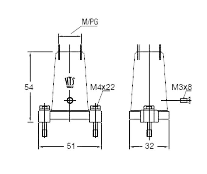 Technical drawing of a component with dimensions: Height 54, Width 51 and 32, Thread M4x22 and M3x8, marked with 'HTS'.