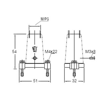 Technical drawing of a component with dimensions: Height 54, Width 51 and 32, Thread M4x22 and M3x8, marked with 'HTS'.