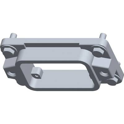 A 3D rendering of a mechanical component with a rectangular opening and four bolts at the corners.
