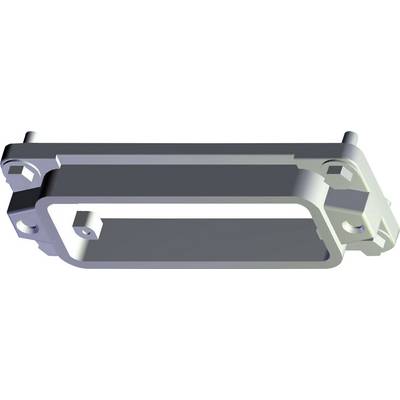 Grey mechanical component with a rectangular opening and multiple screw points at the corners, depicted from a perspective view.