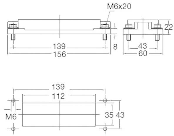 Technical drawing of a rectangular component with dimensions in millimetres: 156 x 22 x 60. Screws: M6. Front and side views shown.