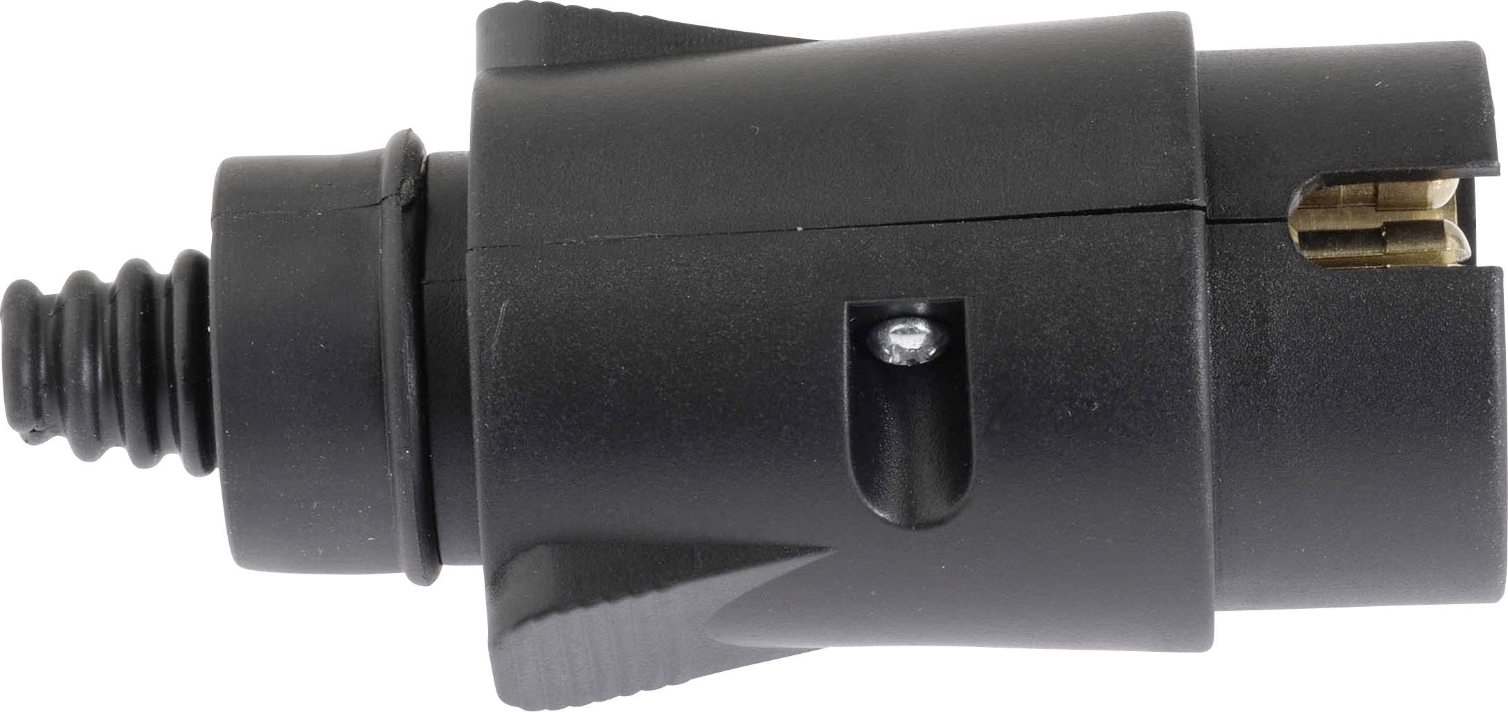 Black electric connector in close-up, suitable for cable connections; shows side view with metal contact and screw mounting.