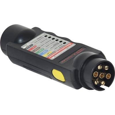 A trailer tester with multiple plug connection pins and coloured indicators for checking the electrical signals of trailers.