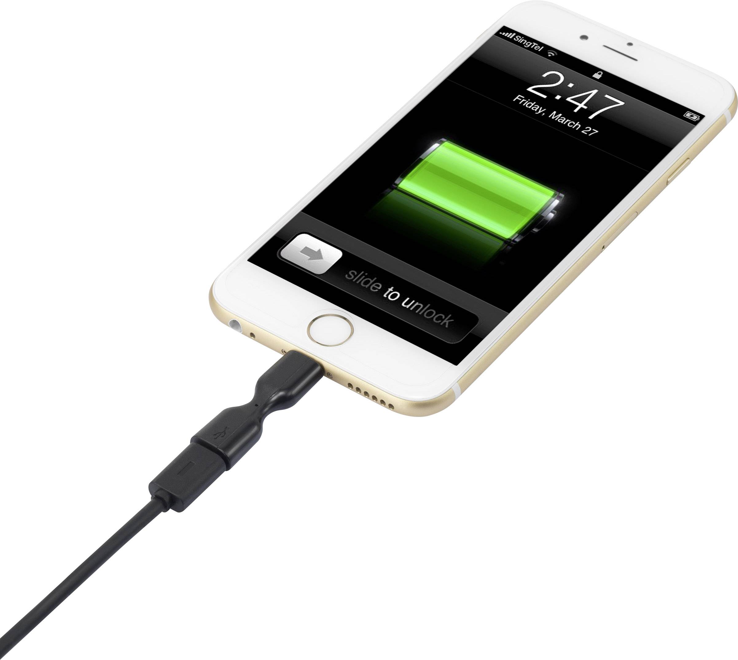 The image shows a smartphone being charged via a cable. The screen displays a green battery icon indicating the charging process.