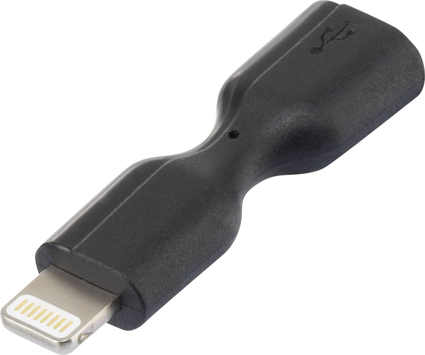 A black adapter with Lightning and USB ports for connecting devices.