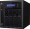 Black NAS device with four drive bays. The display reads 'Welcome to WD My Cloud'. USB port located on the bottom left.