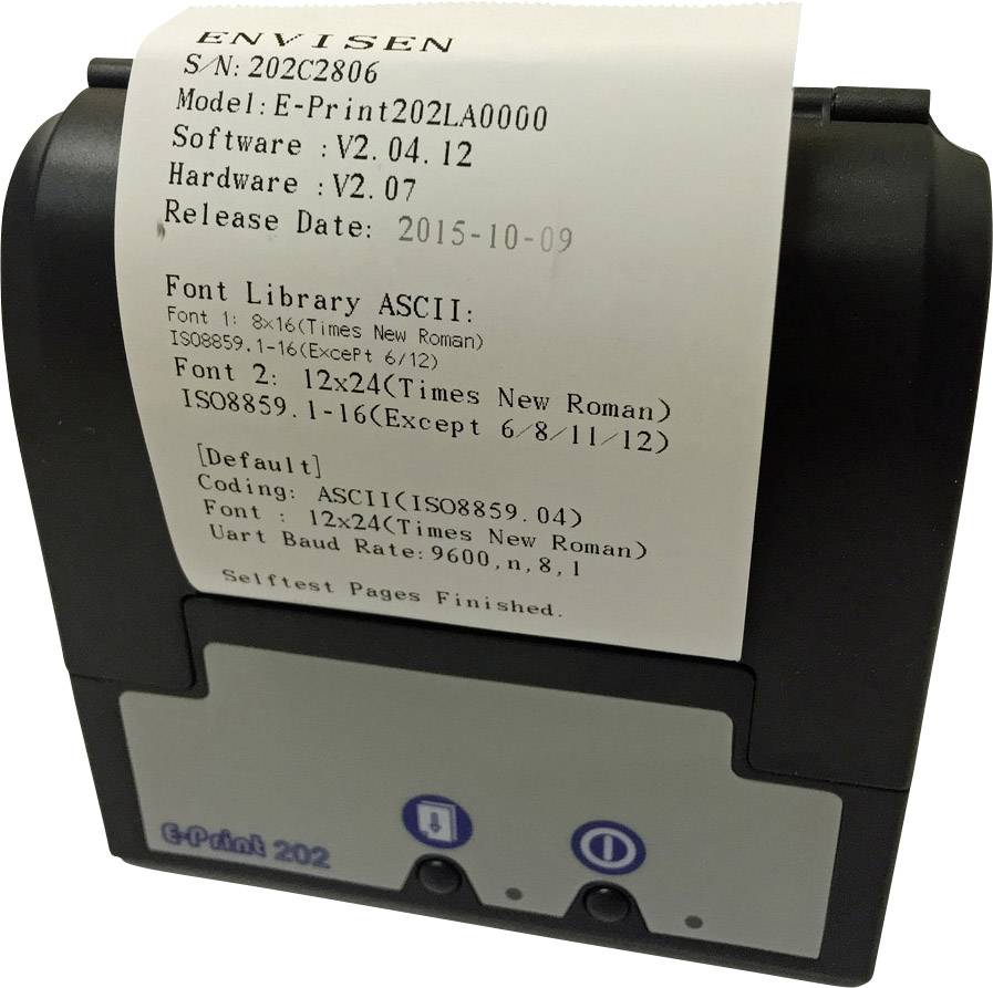 The printer prints font information and settings, including software version, hardware, and date.