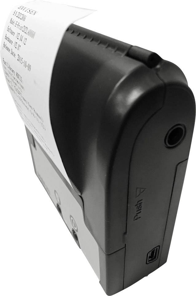 A portable printer with a paper printout displaying technical data. The device has a USB port and a compact design.