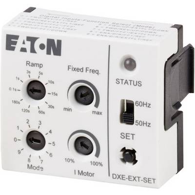 Compact control unit by EATON, displaying controllers and switches for frequency adjustment along with status indicators for 50Hz and 60Hz.