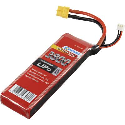 Lithium Polymer battery with 3800 mAh, 20C, red casing, yellow connector, suitable for RC models such as drones or cars.