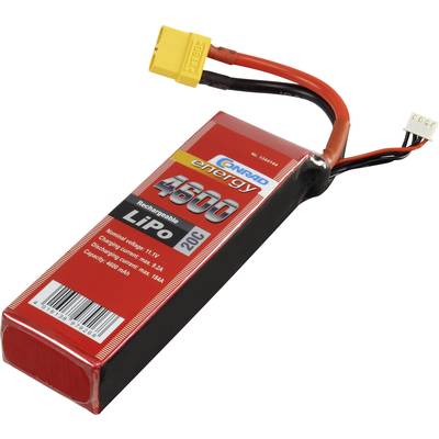 Red LiPo battery with yellow connector, labelled '4600mAh 20C', used for operating remote-controlled models.