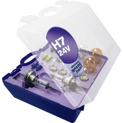 An opened plastic case with various spare vehicle light bulbs, labelled 'H7 24V Original Spare Part'.