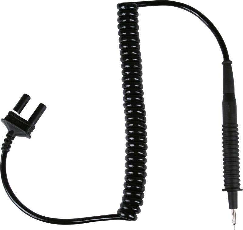 A black spiral-wound cable with a two-pin plug on one side and an insulated device on the other side.